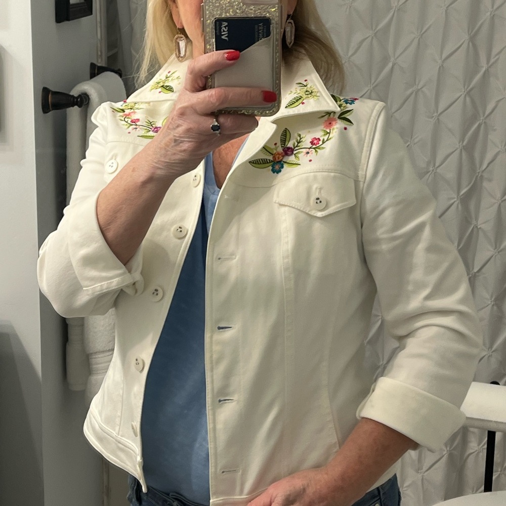 Escada embroidered white denim jacket.